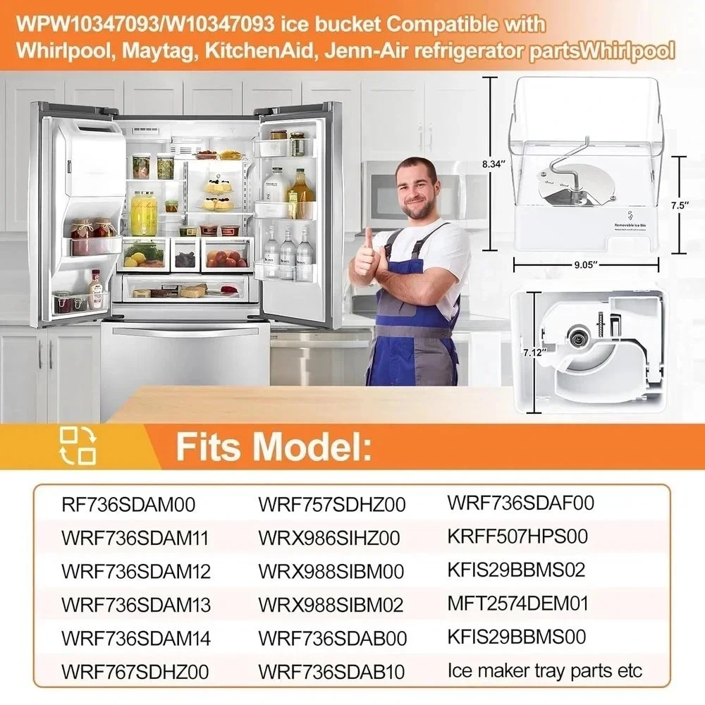 Ice Bucket Compatible Whirlpool Ice Bin, Upgraded WPW10347093 W10347093‎
